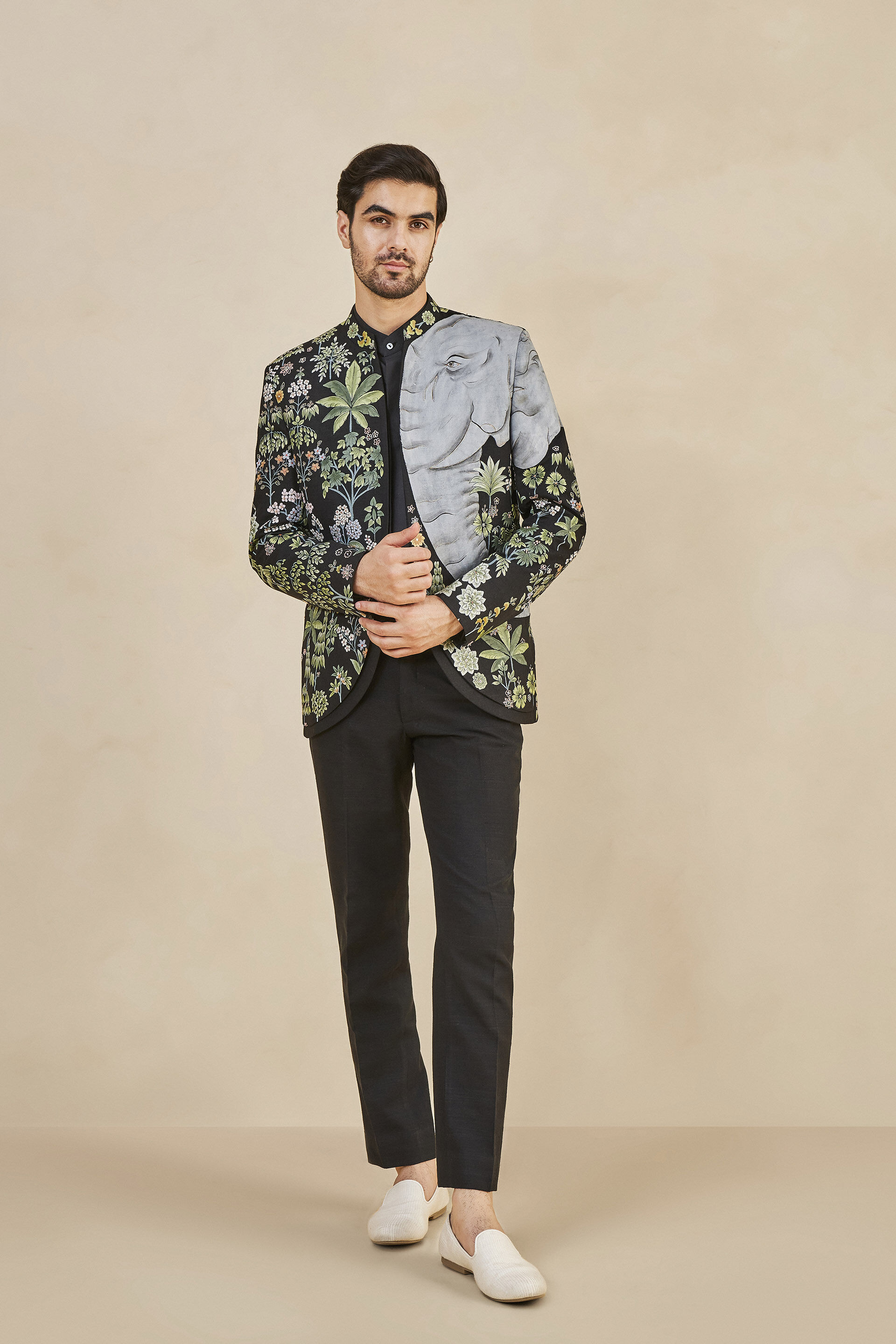 Haathi Harmony Hand-painted Pichhwai Silk Bandhgala - Black